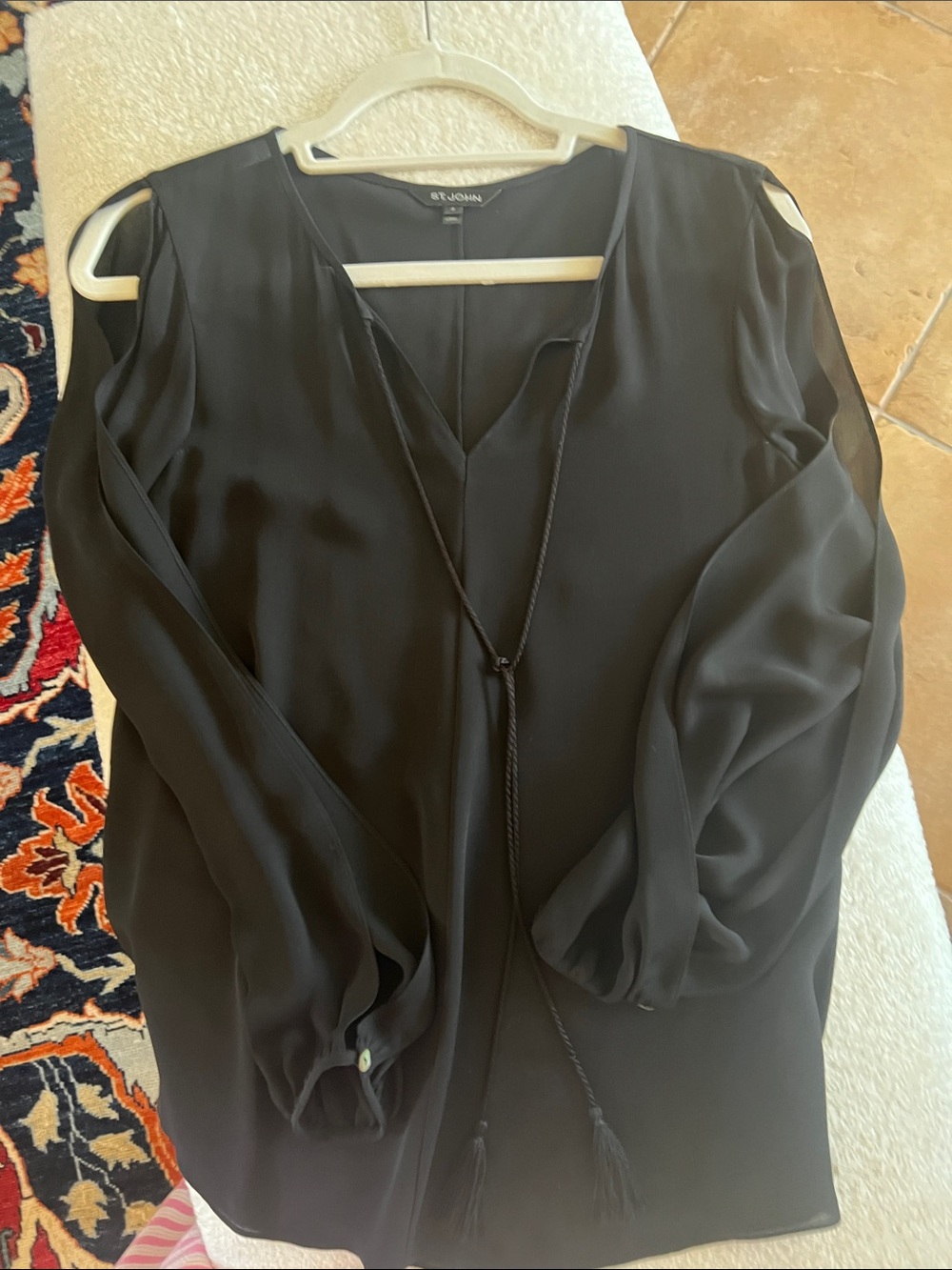St. John Black Long-Sleeve V-Neck Blouse with optional tie with tassel.